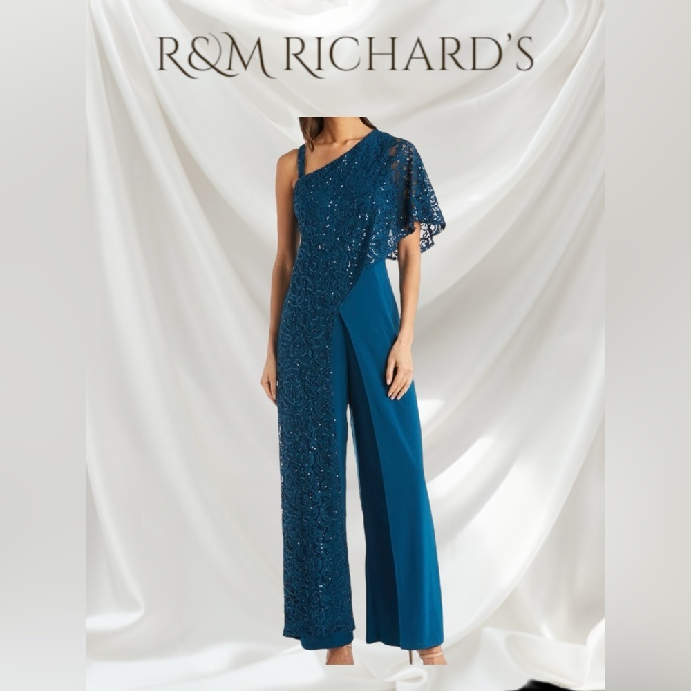NWT R&M Richards Womens Green Peacock Lace Overlay Sequined Jumpsuit 12